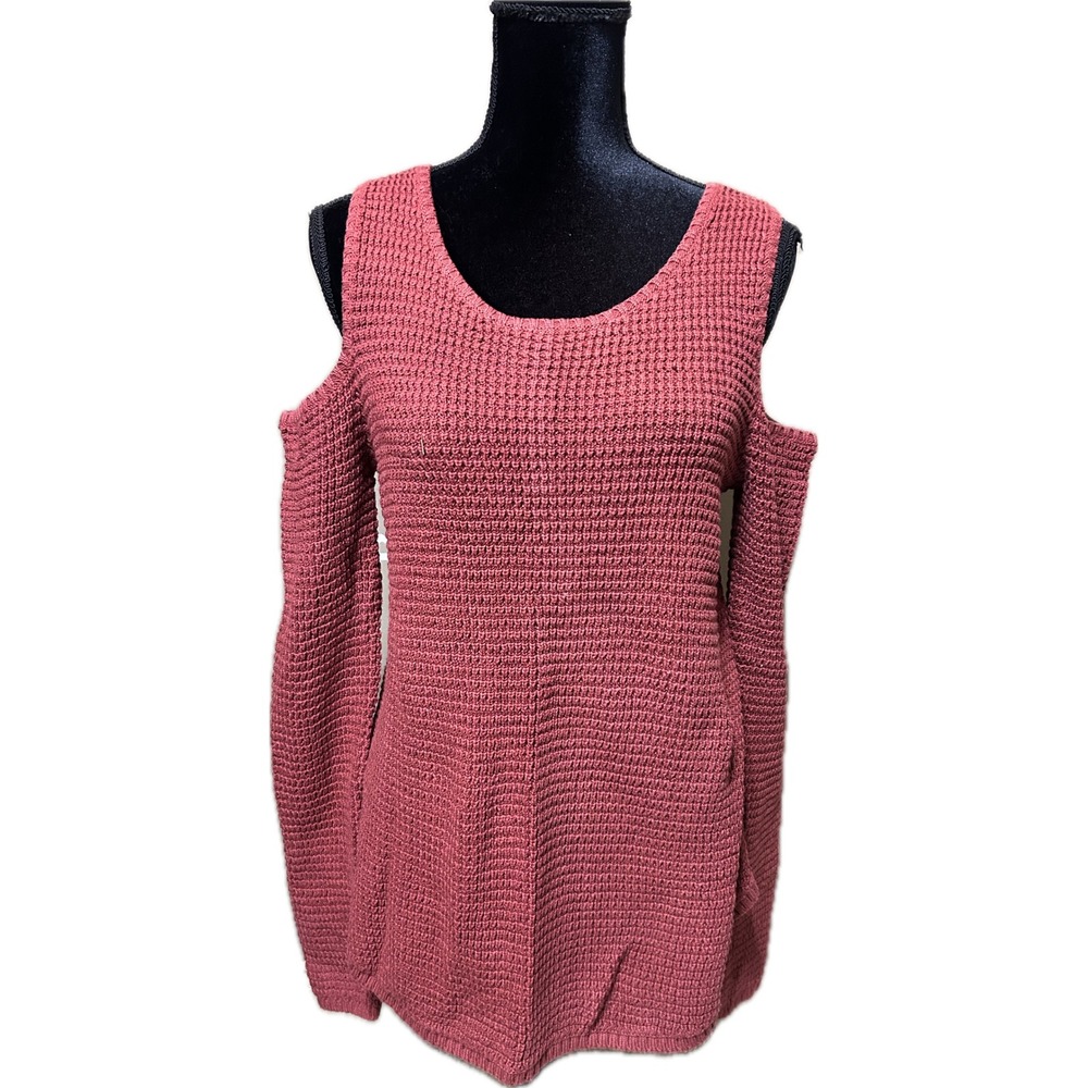 Knox Rose Women Pink Cold Shoulder Cotton Knit Sweater Small Rosewood Waffle
